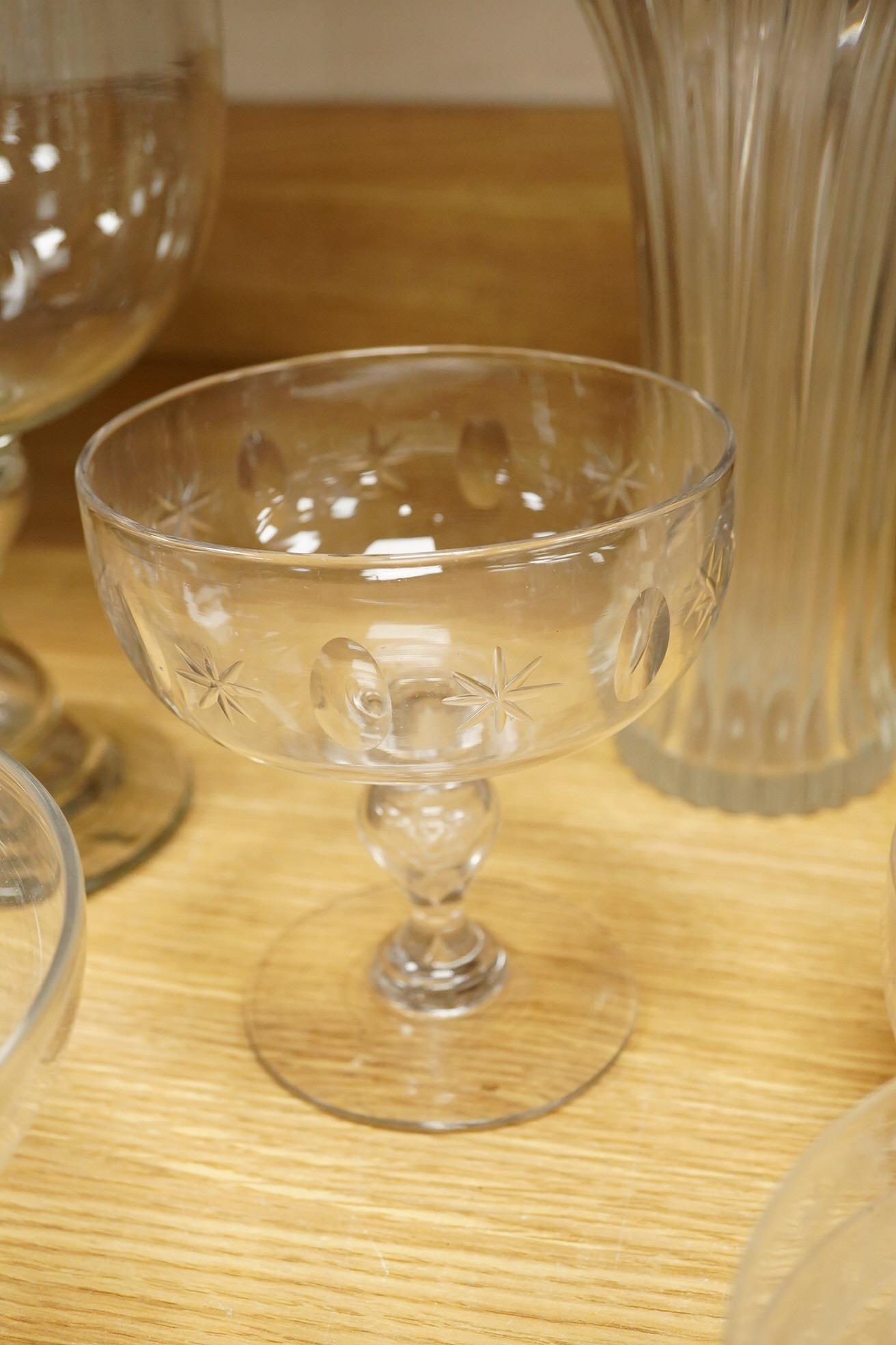 A group of 19th century and later glass; including a set of finger bowls, a comport and large glass celery style vase-29cm high (10)